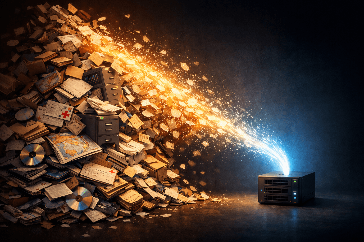 Physical documents, filing cabinets, and paper dissolving into a stream of light feeding a compact server