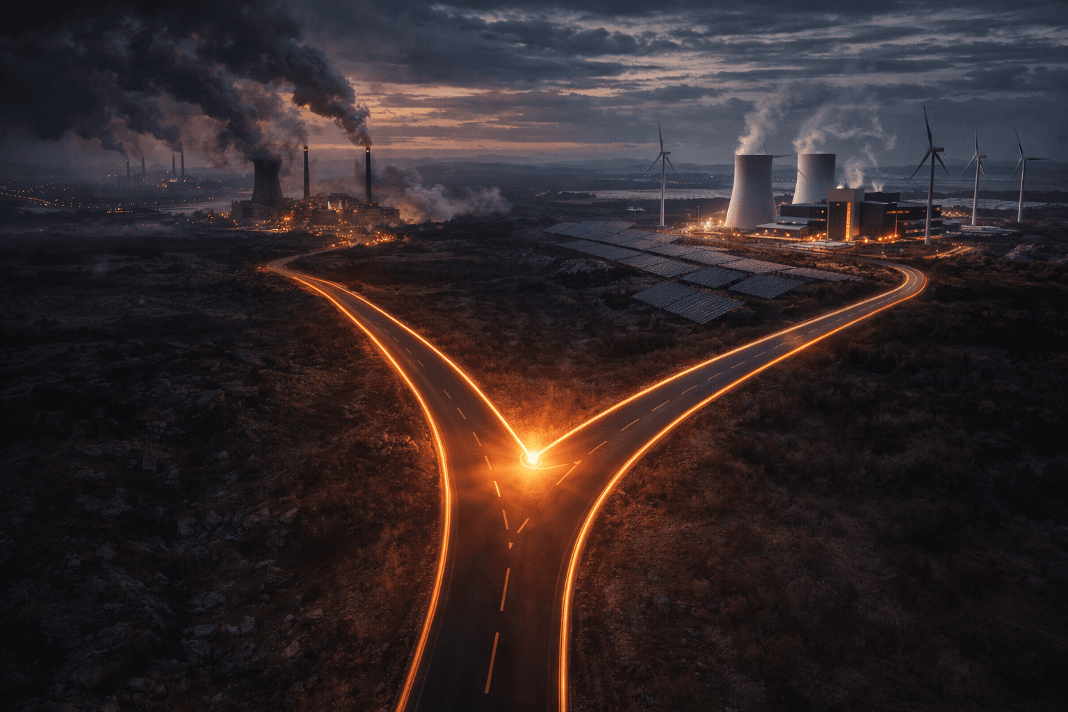 A forking road at twilight, one path leading to coal plants and the other to clean energy with wind turbines and nuclear