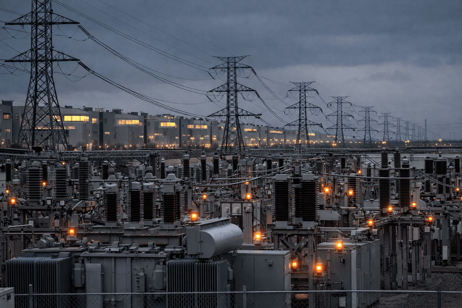Overloaded power grid infrastructure with data centers visible in the background