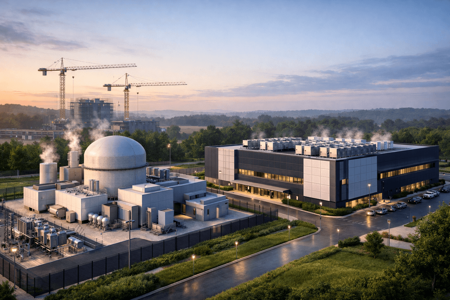 Small modular nuclear reactor next to a modern data center facility with construction cranes