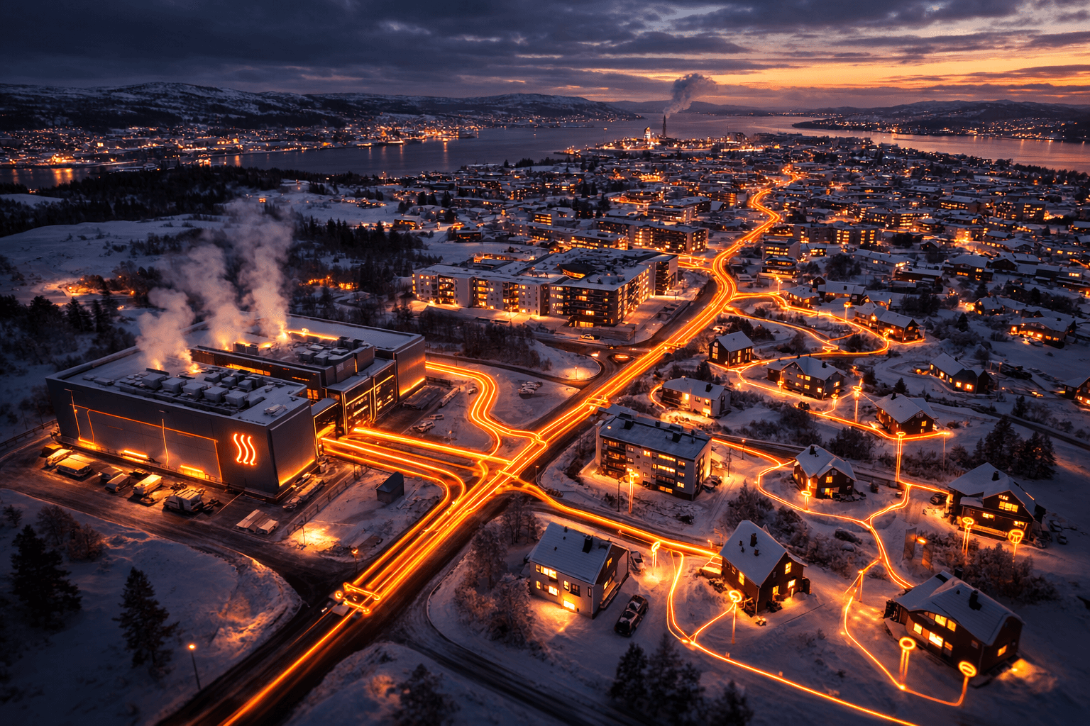 Aerial view of a Nordic city heated by data center waste heat flowing through district heating network