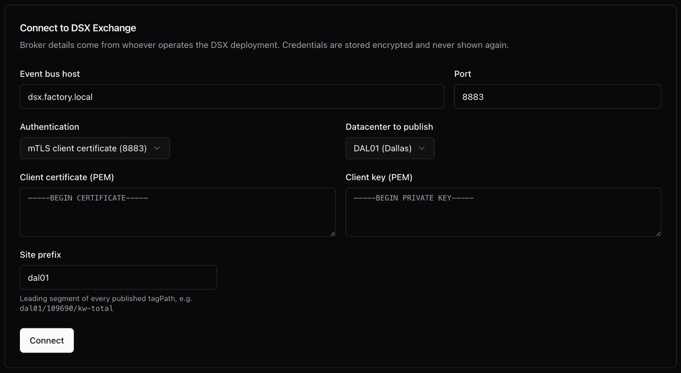 The DSX Exchange connection screen in the Aravolta app: event bus host and port, mTLS client certificate authentication, the data center to publish, client certificate and key fields, and the site prefix.