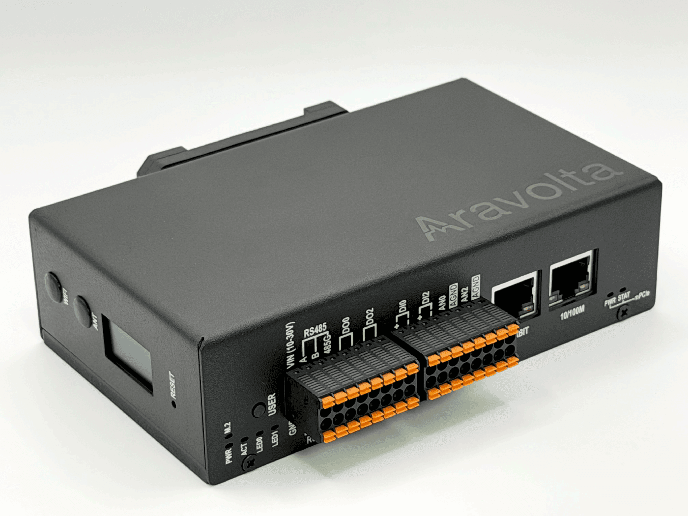 The Aravolta Node, a compact black DIN-rail device with orange terminal blocks for RS485, digital and analog I/O, dual Ethernet ports, and an onboard display.