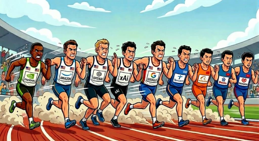 AI race between tech giants - Nvidia, Amazon, OpenAI, xAI, Google, and Chinese companies competing
