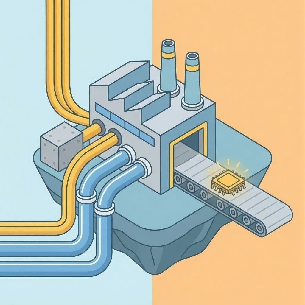 Factory producing chips with inputs of raw materials, water, and power - illustrating GPU manufacturing constraints