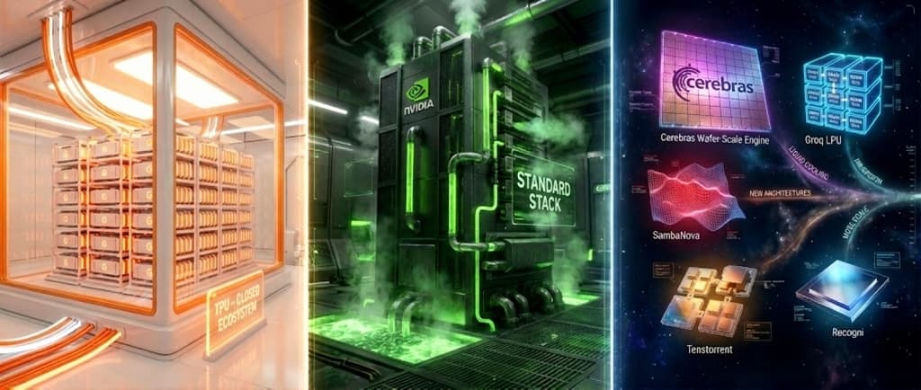 AI chip competitive landscape - TPU closed ecosystem, Nvidia standard stack, and emerging architectures like Cerebras, Groq, SambaNova, Tenstorrent, and Recogni