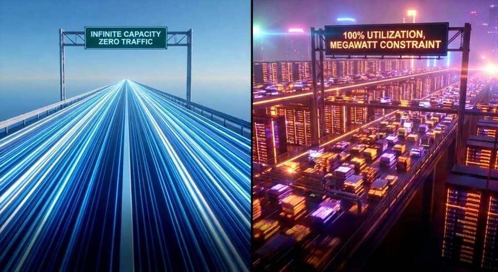 2000 Fiber Bubble vs 2025 AI Backlog - comparing infinite capacity with zero traffic to 100% utilization with megawatt constraints