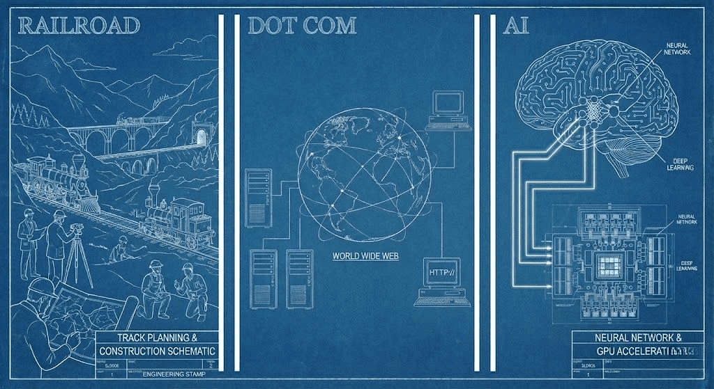 Blueprint comparison of Railroad, Dot Com, and AI eras showing infrastructure evolution