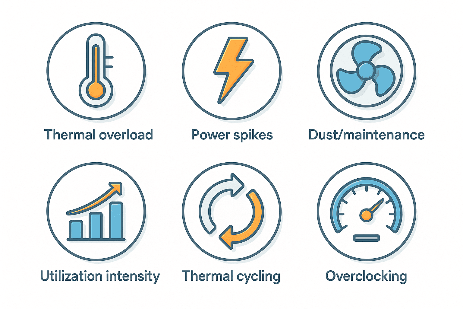Key stress factors affecting GPU lifespan - Thermal overload, power spikes, maintenance