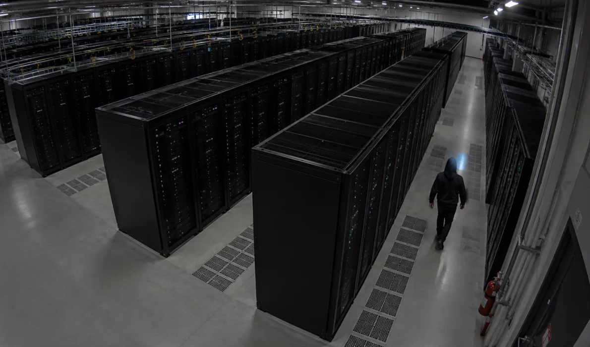 A hall camera looking down a row of cabinets, with one person walking in the right aisle